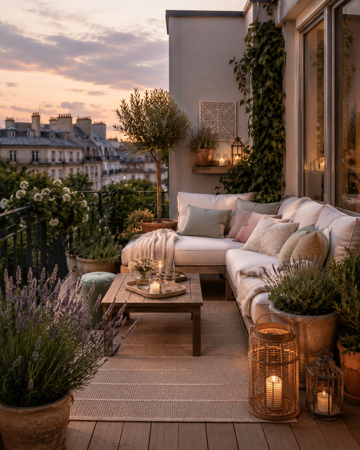 Terrasse in der frühen Abenddämmerung mit Pflanzen und warmem Licht