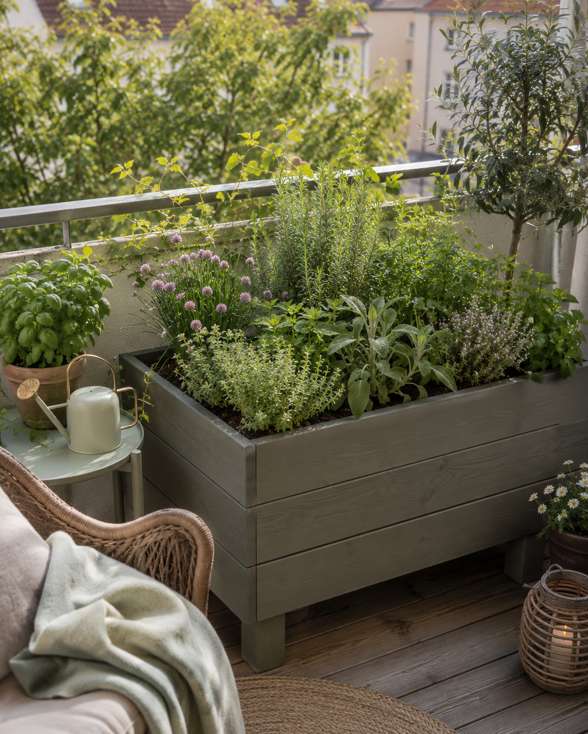Bestehendes Hochbeet mit Kräutern und Blüten auf einem Balkon
