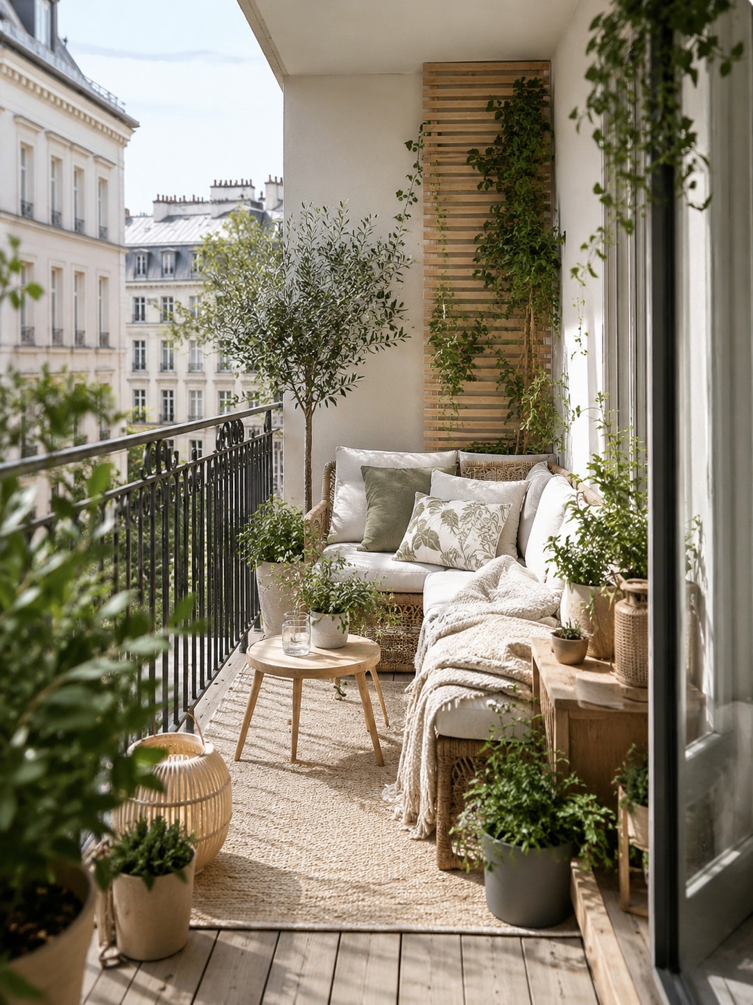 Heller Balkon mit Rattansessel, Pflanzwand und natürlichen Materialien